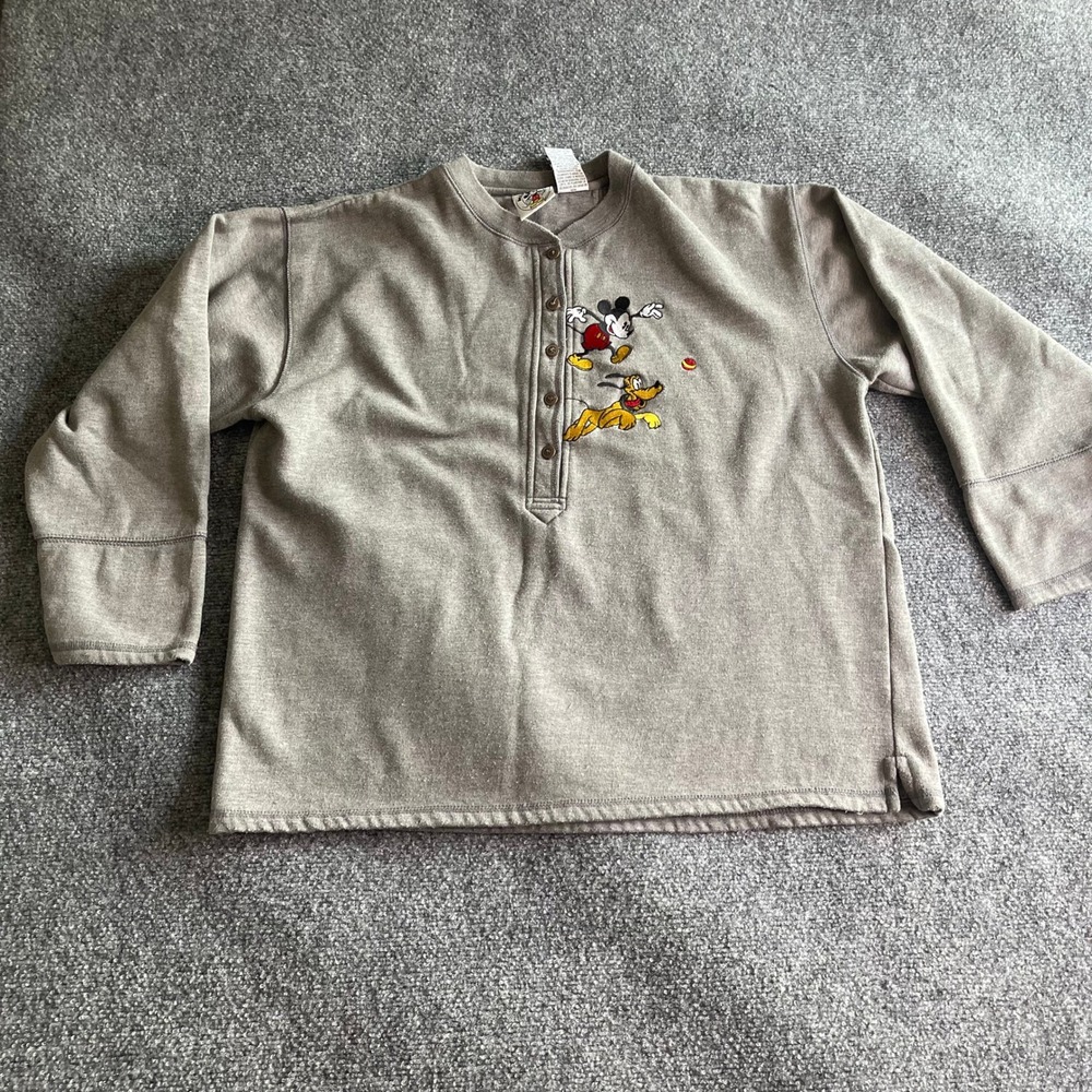 Disney Mickey & Co Brazos Mens‎ Henley Sweatshirt Tan Mickey Pluto Embroidered L